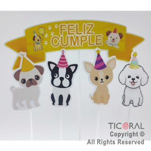 ADORNO PINCHE PARA TORTA FELIZ CUMPLE PERRITOS x 5 UNIDADES